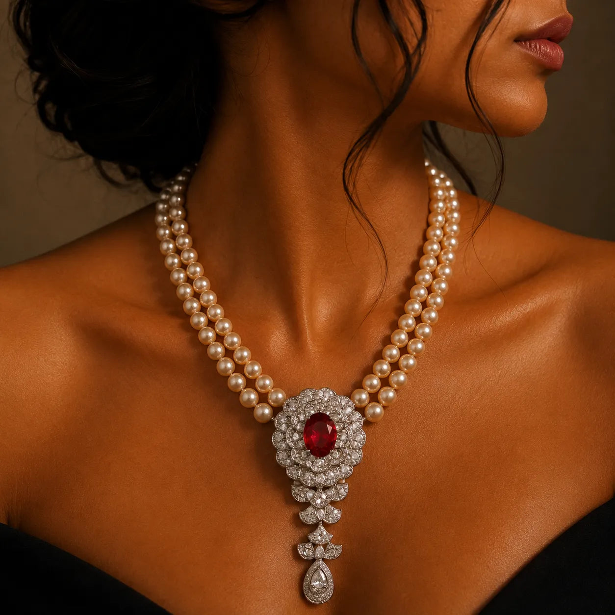Regal Pearl Necklace with Ruby and Zircon Pendant