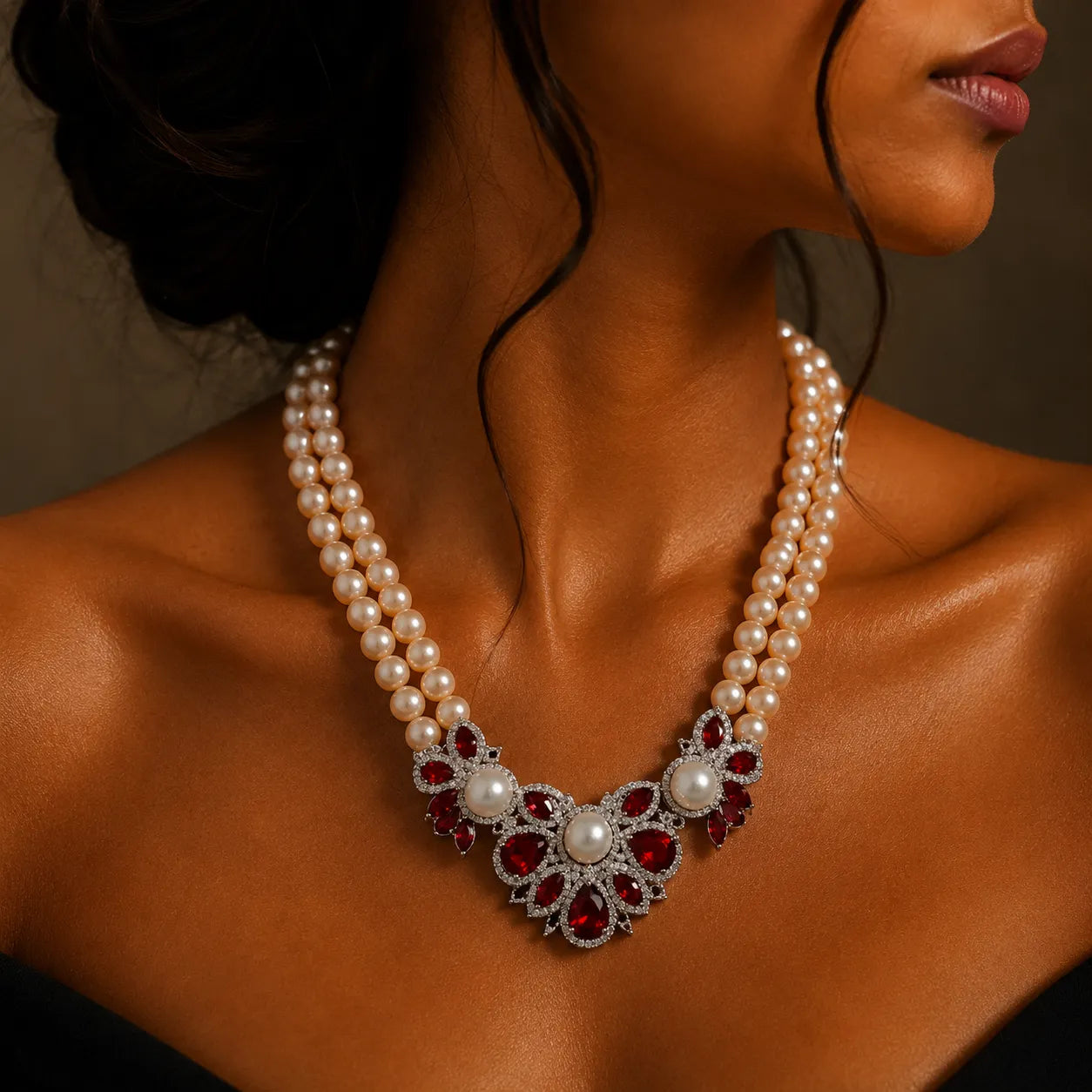Exquisite Pearl Necklace with Ruby and Zircon Accents