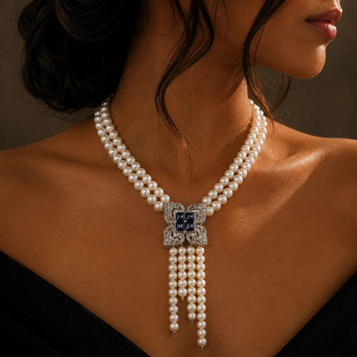 Elegant Pearl Necklace with Sapphire and Zircon Floral Centerpiece