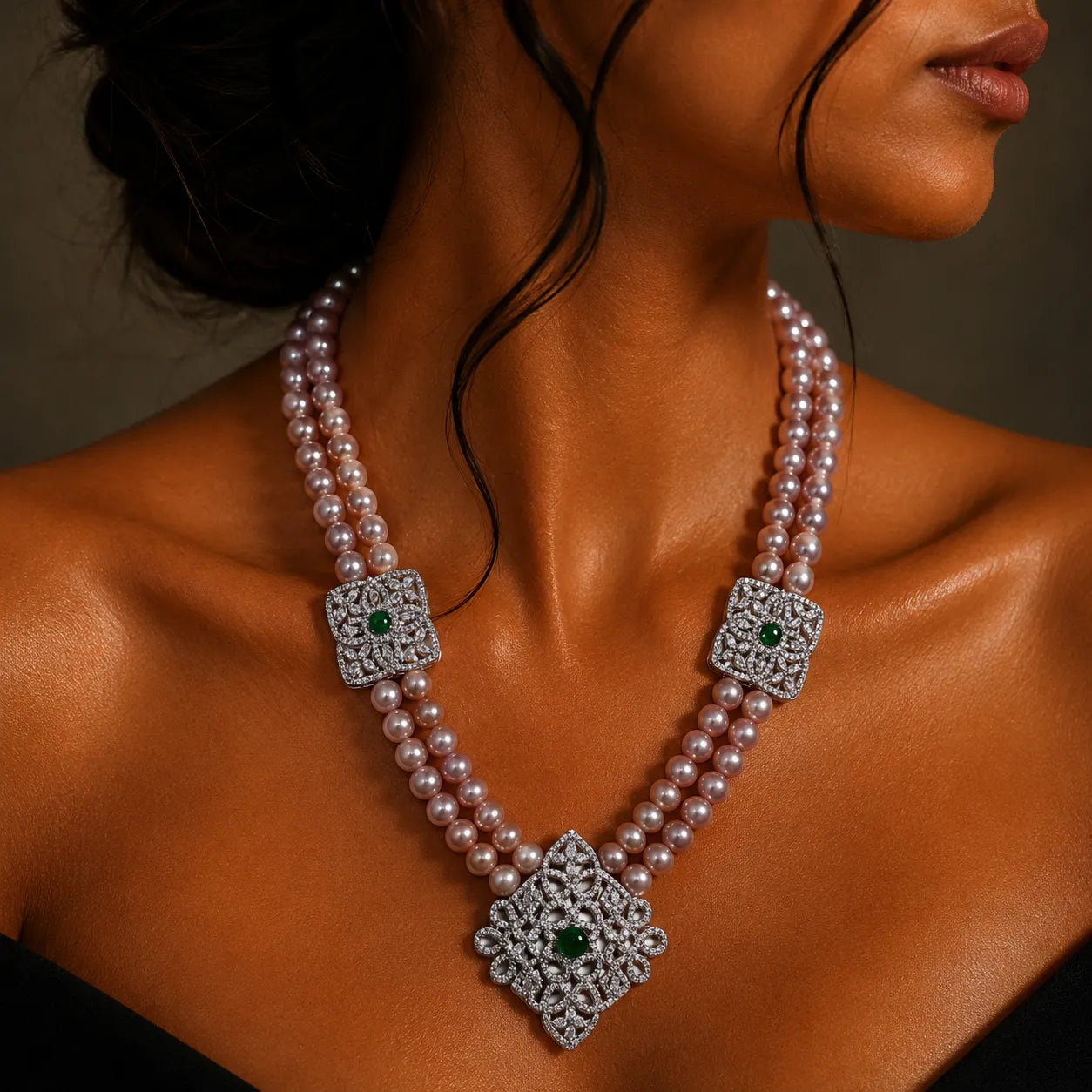 Dual-Strand Mauve Pearl Necklace with Ornate Zircon Accents