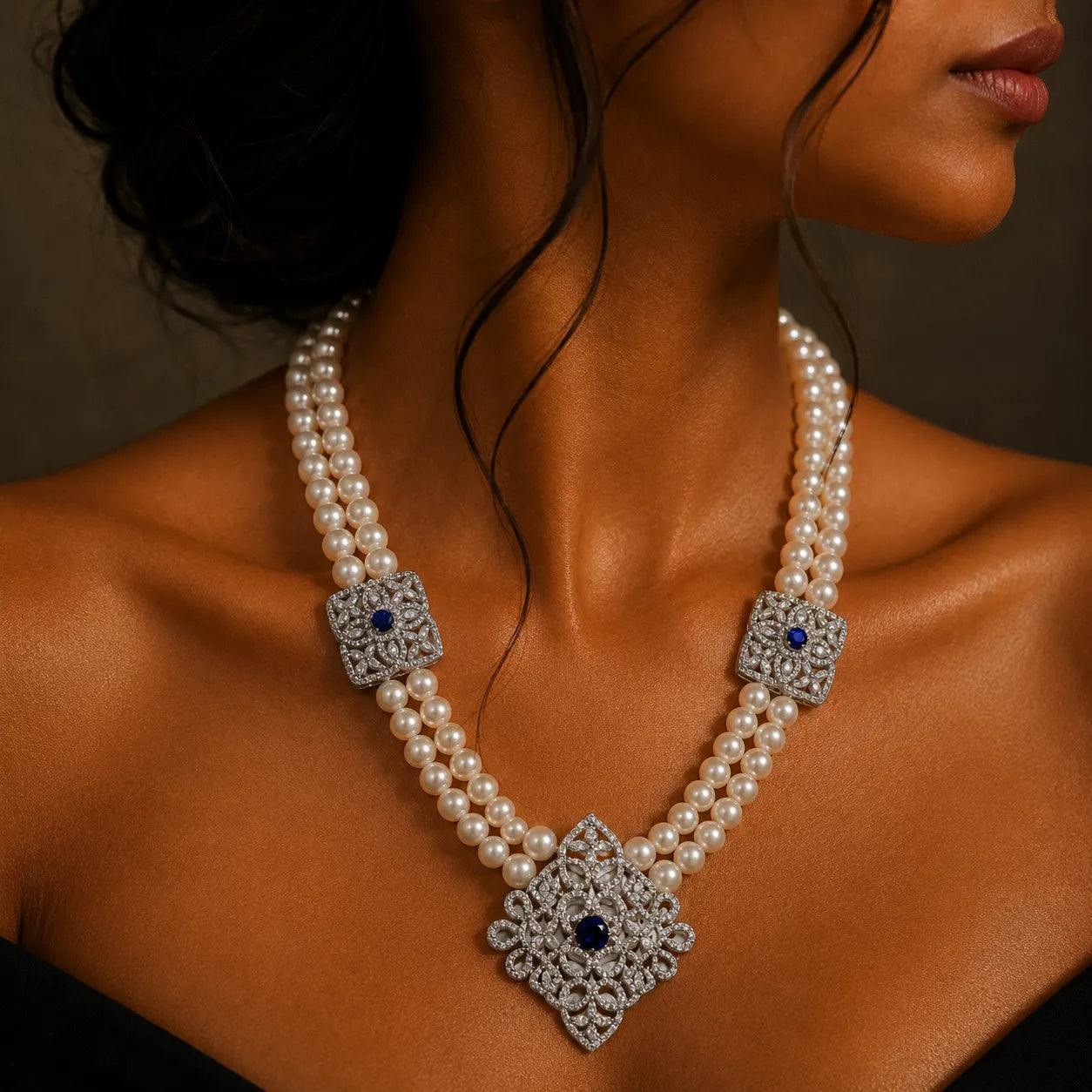 Classic Twin-Strand Pearl Necklace with Ornate Zircon Accents