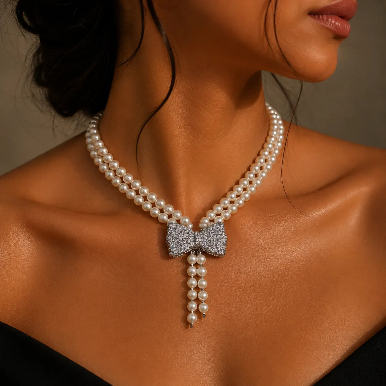 Charming Pearl Necklace with Zircon Bow Centerpiece