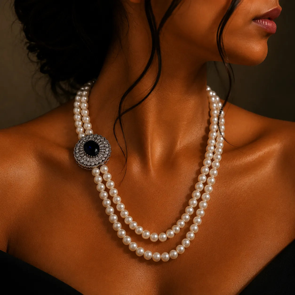 Double-Strand Pearl Necklace with Sapphire and Zircon Sidepiece