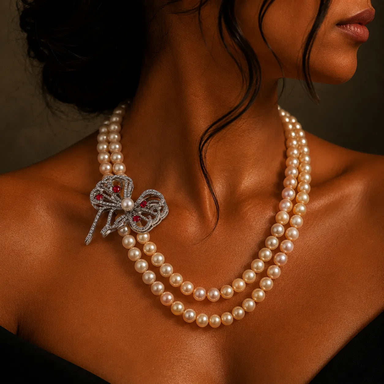Double-Strand Pearl Necklace with Artistic Bow Accent