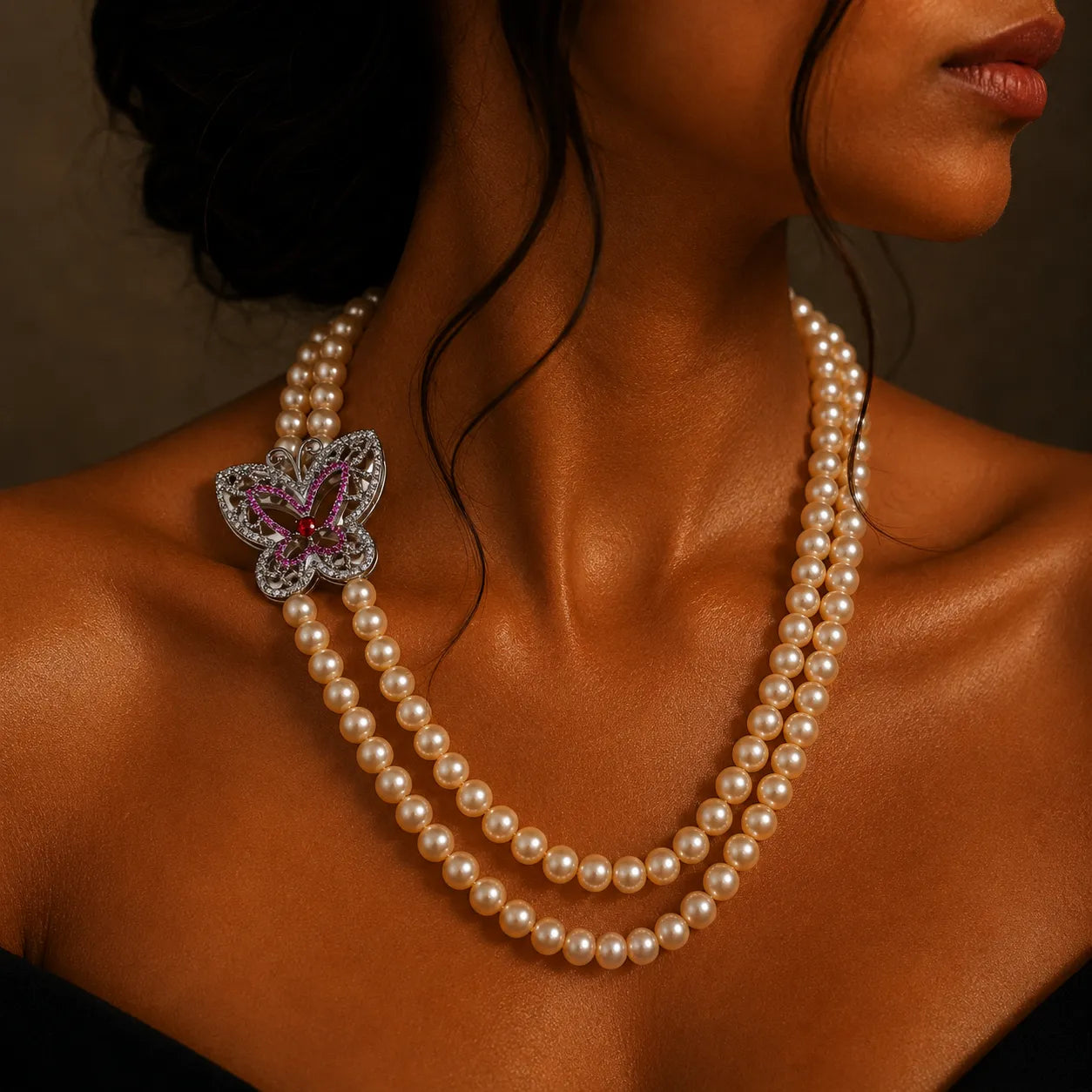 Double-Strand Pearl Necklace with Butterfly Ruby Zircon Accent