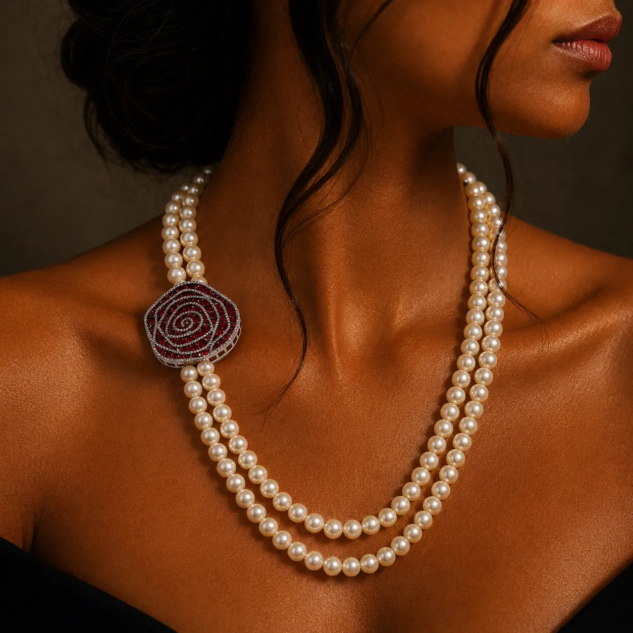 Graceful Pearl Necklace with Swirling Ruby Zircon Accent