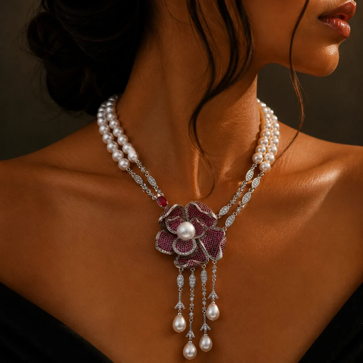 Triple-Strand Pearl Necklace with Pink Sapphire Floral Pendant