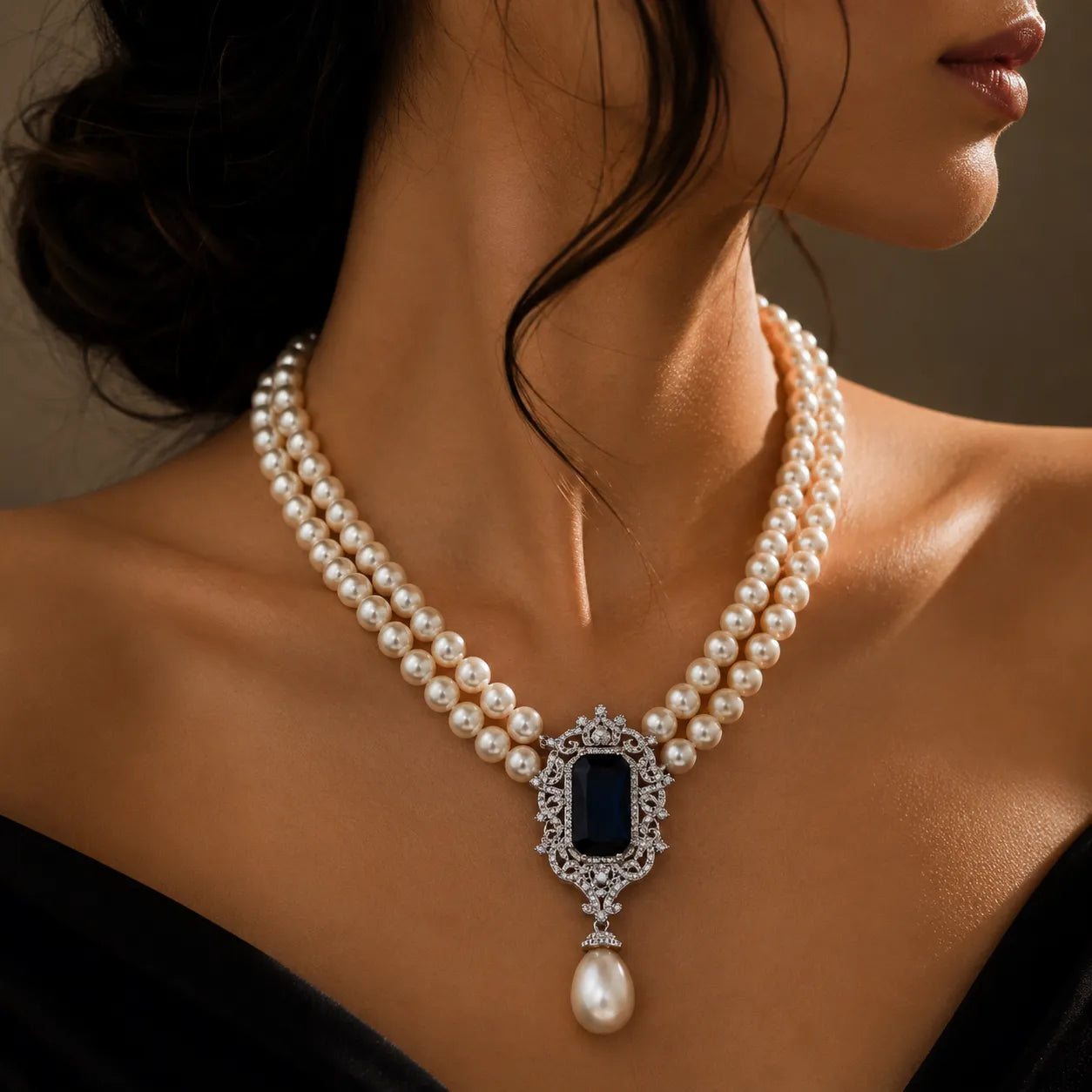 Regal Pearl Necklace with Sapphire and Baroque Pearl Pendant