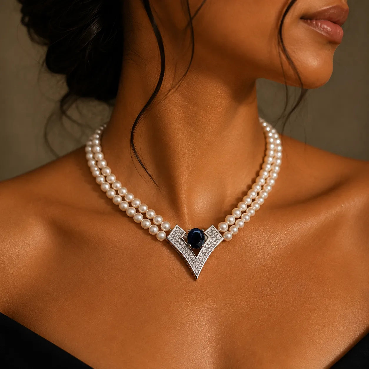 Double-Strand Pearl Necklace with Sapphire Zircon V-Centerpiece
