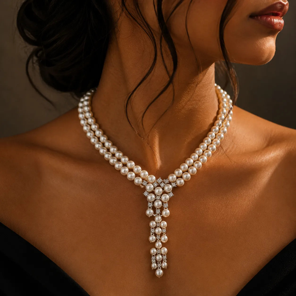Graceful Pearl Necklace with Flowing Zircon Drop Pendant