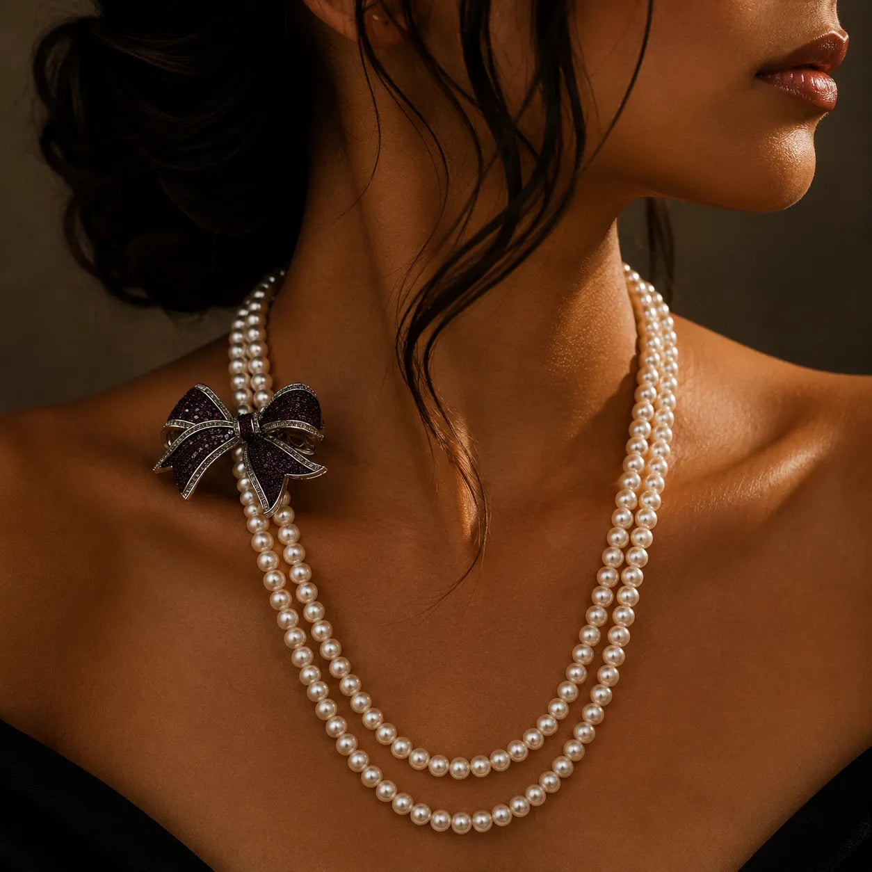 Layered Pearl Necklace with Embellished Bow Accent