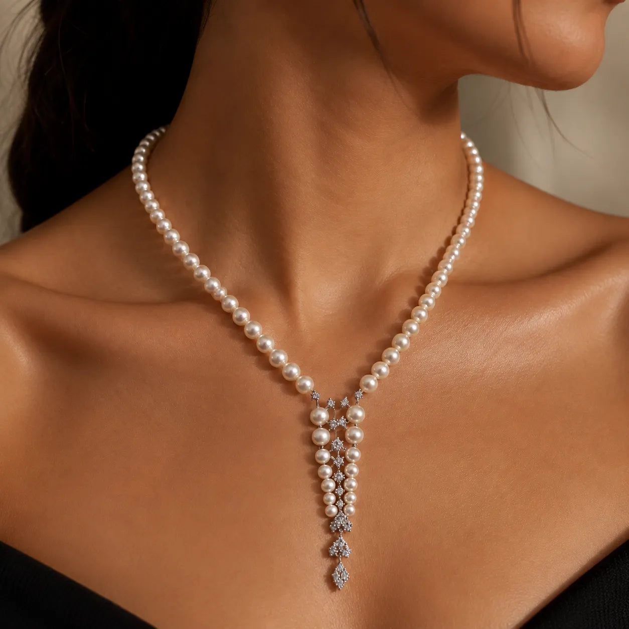 Graceful Pearl Necklace with Sparkling Zircon Highlights