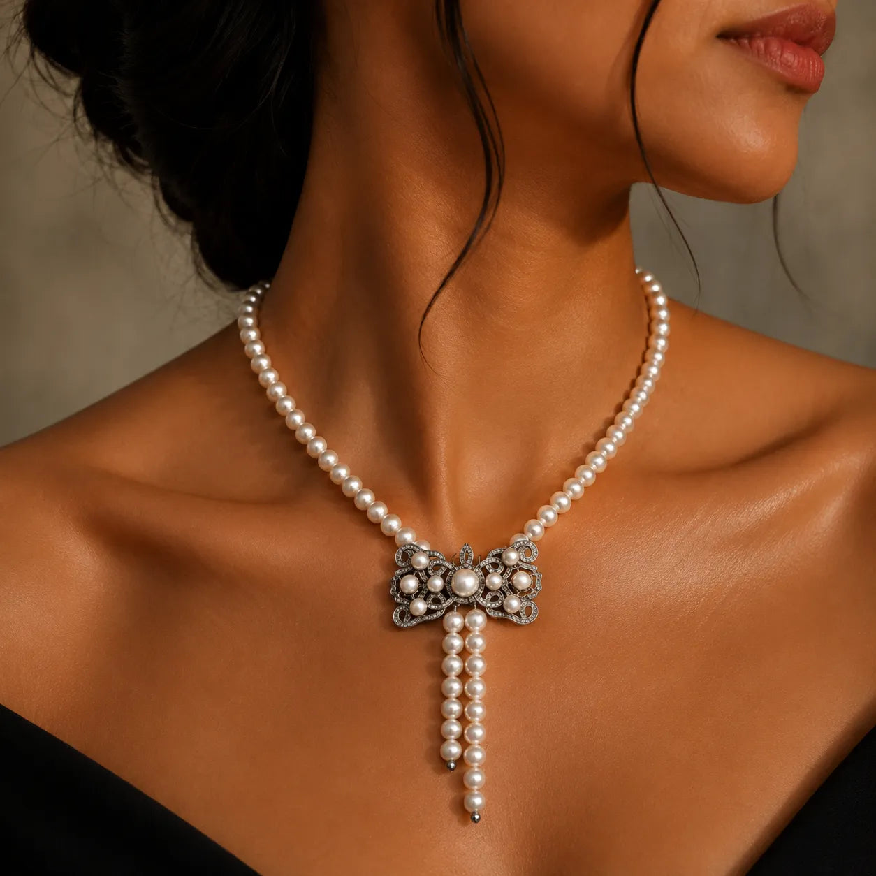 Pearl Necklace with Ornate Bow Zircon Centerpiece