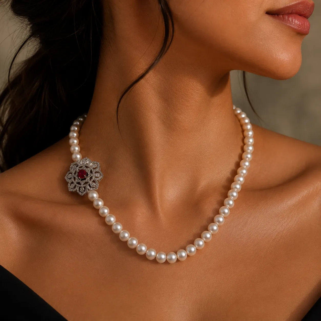 Asymmetrical Pearl Necklace with Ruby Zircon Floral Accent