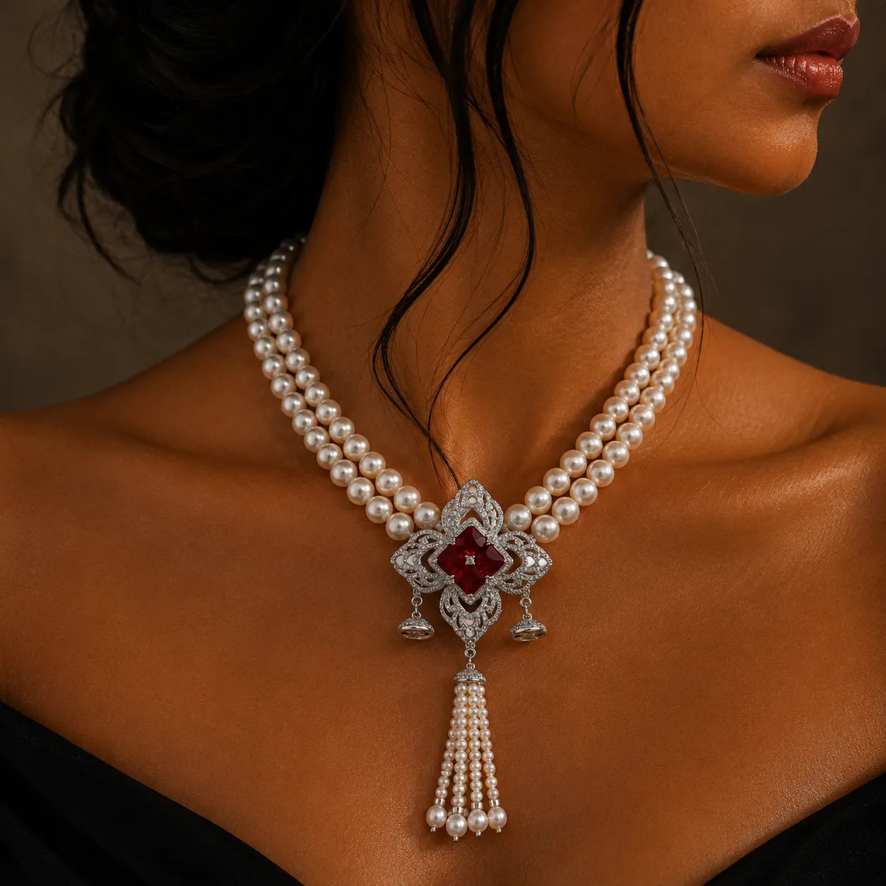 Regal Pearl Necklace with Ruby Zircon Tassel Pendant