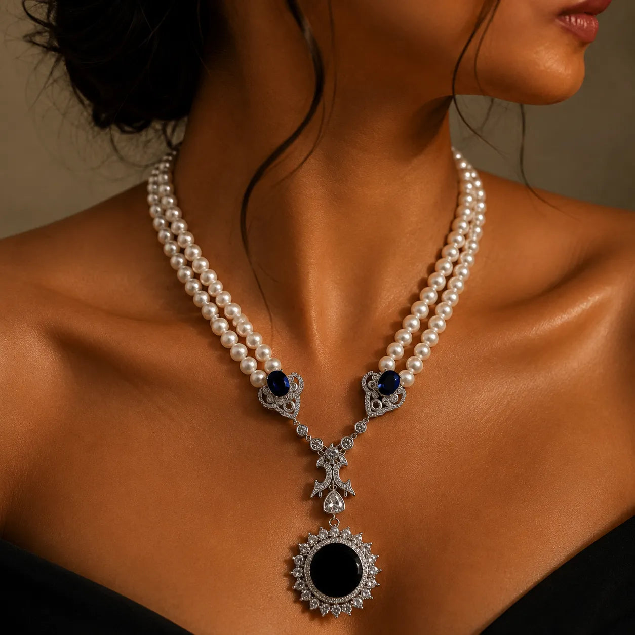 Exquisite Double-Strand Pearl Necklace with Sapphire Zircon Halo Pendant