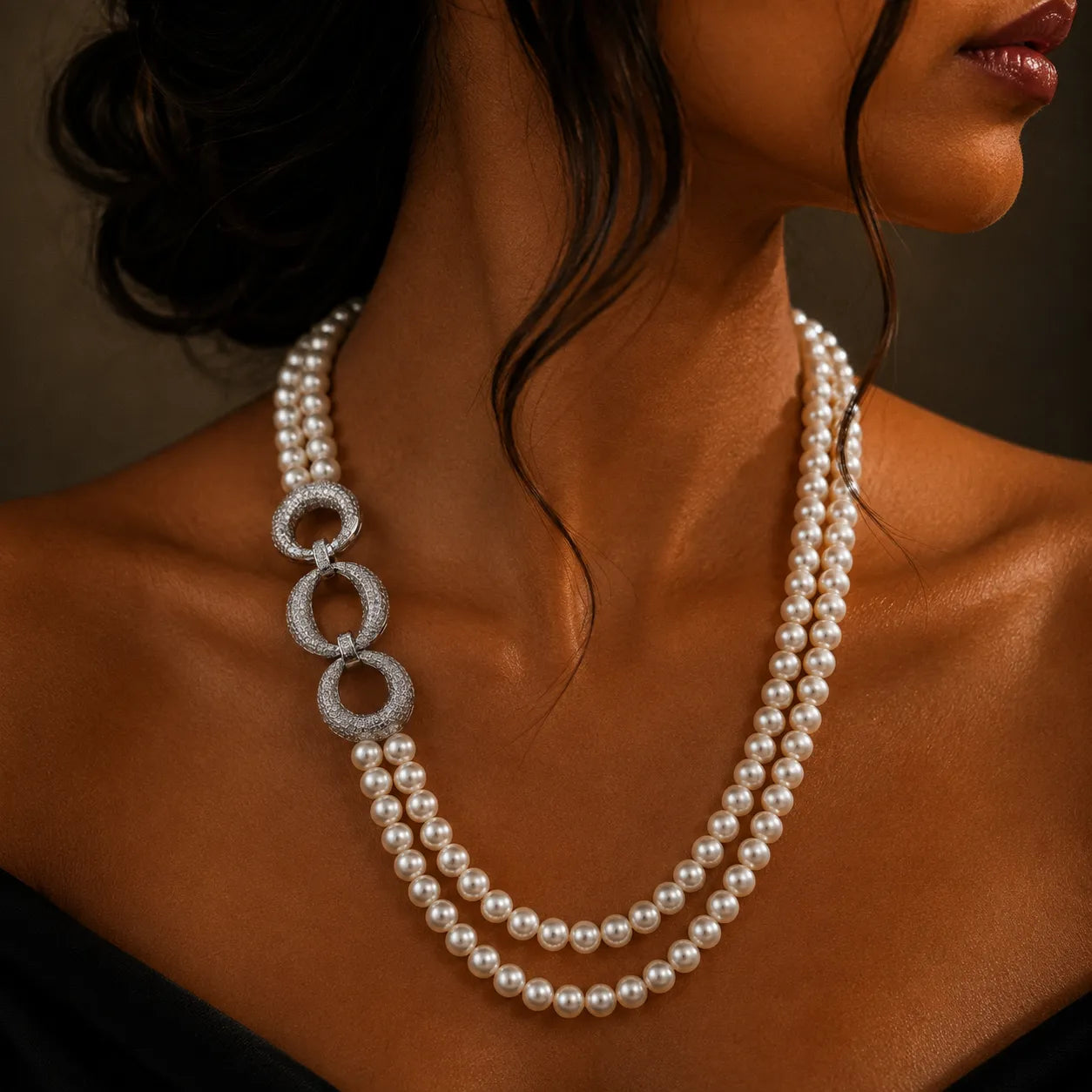 Elegant Double-Strand Pearl Necklace with Zircon Link Accent