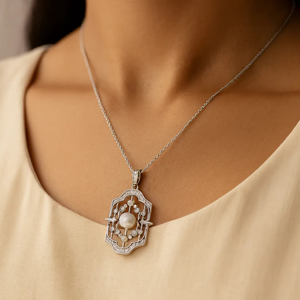 Designer Freshwater Pearl Ornamental Silver Pendant