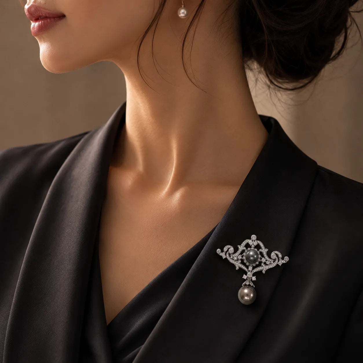 Handcrafted Silver Brooch with Dual Tahitian Pearls and Dazzling Zircon
