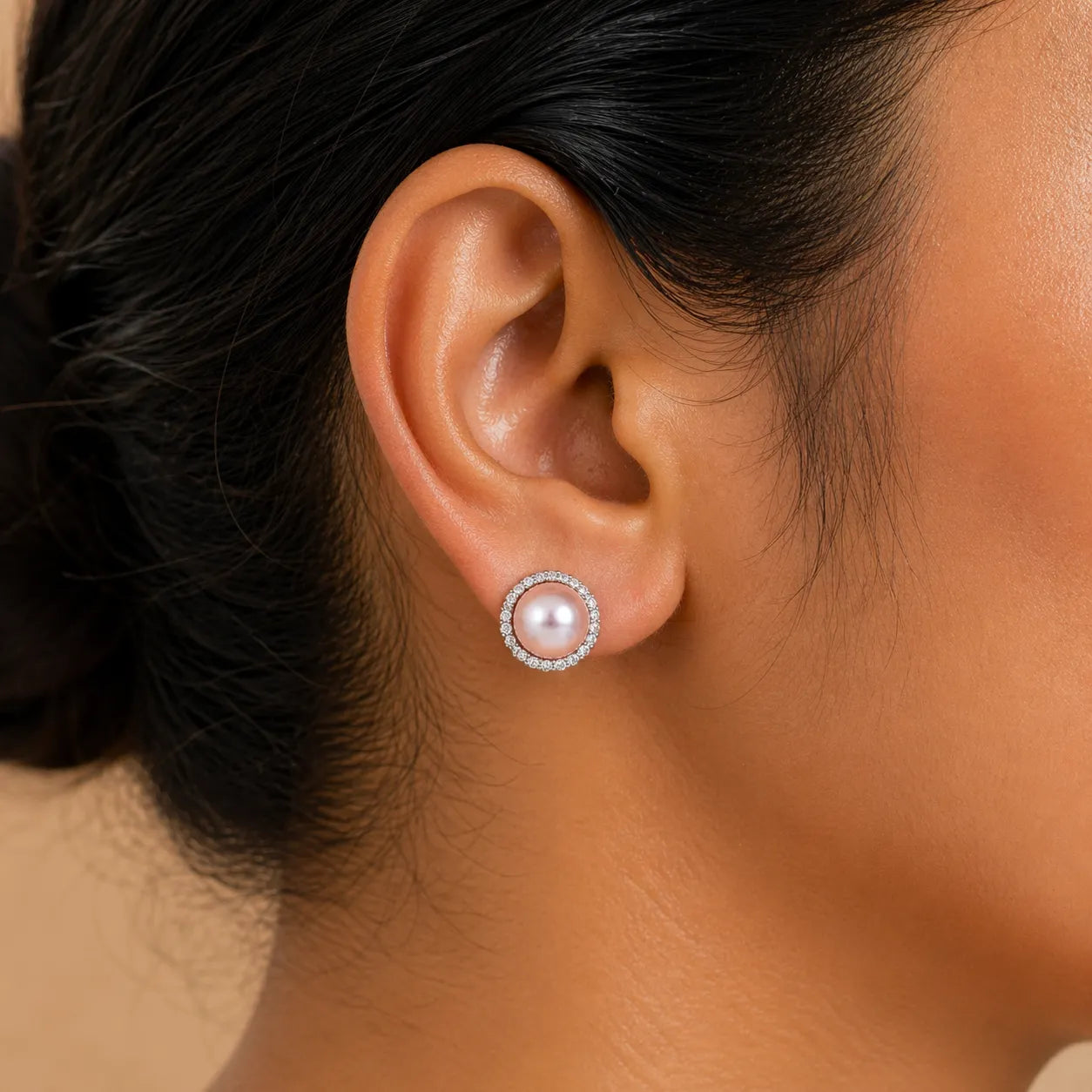Purple Edison Pearl Stud Earrings with Zircon Halo