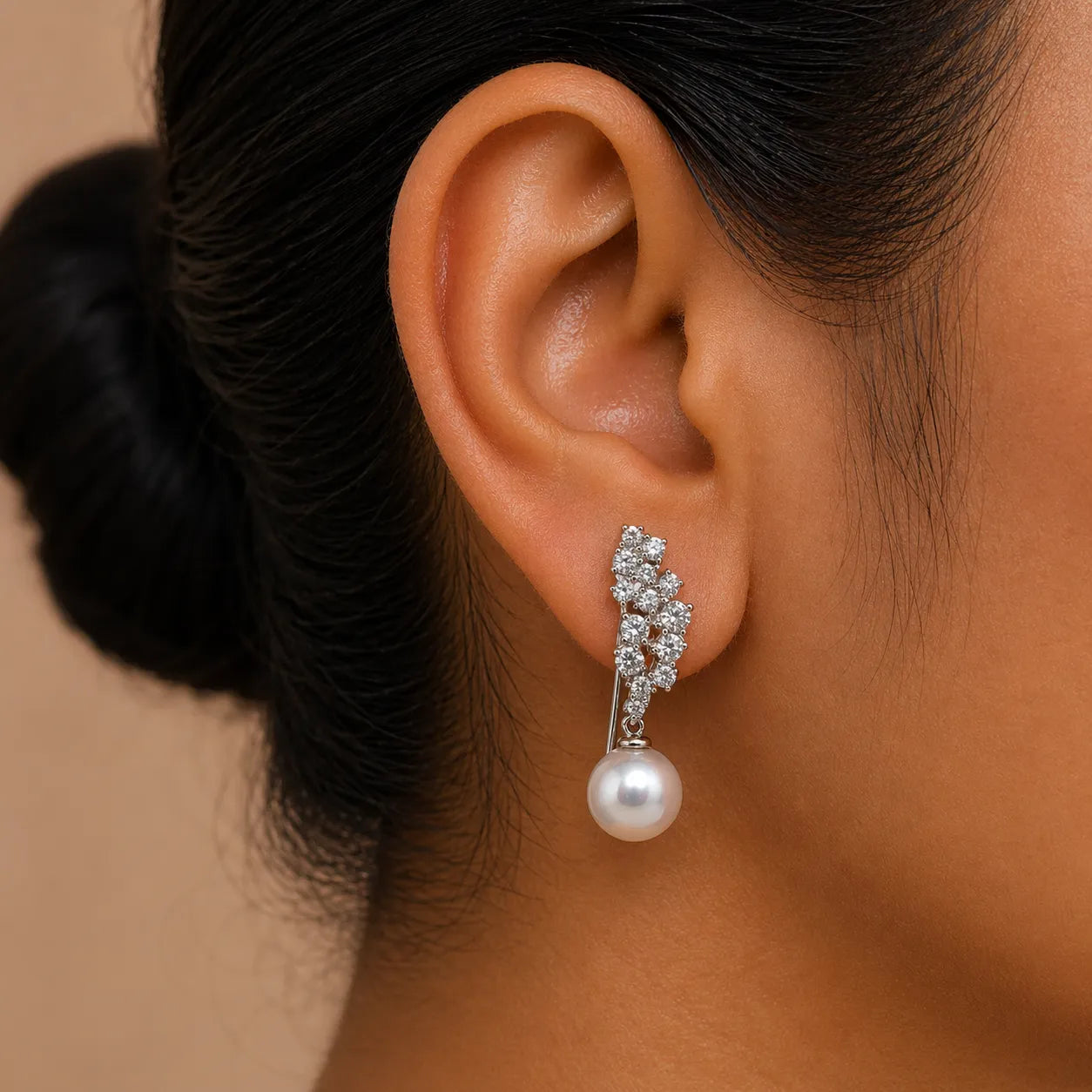 Akoya Pearl Drop Earrings with Floral Zircon Accents