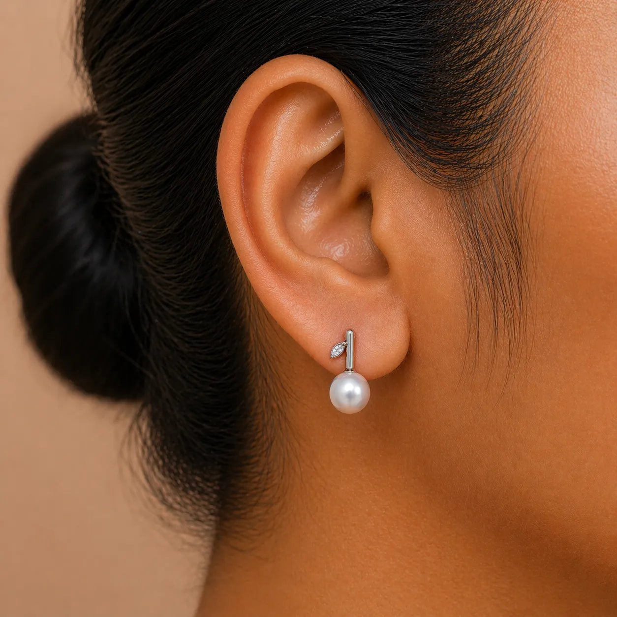 Minimalist Akoya Pearl Earrings with Leaf Accent