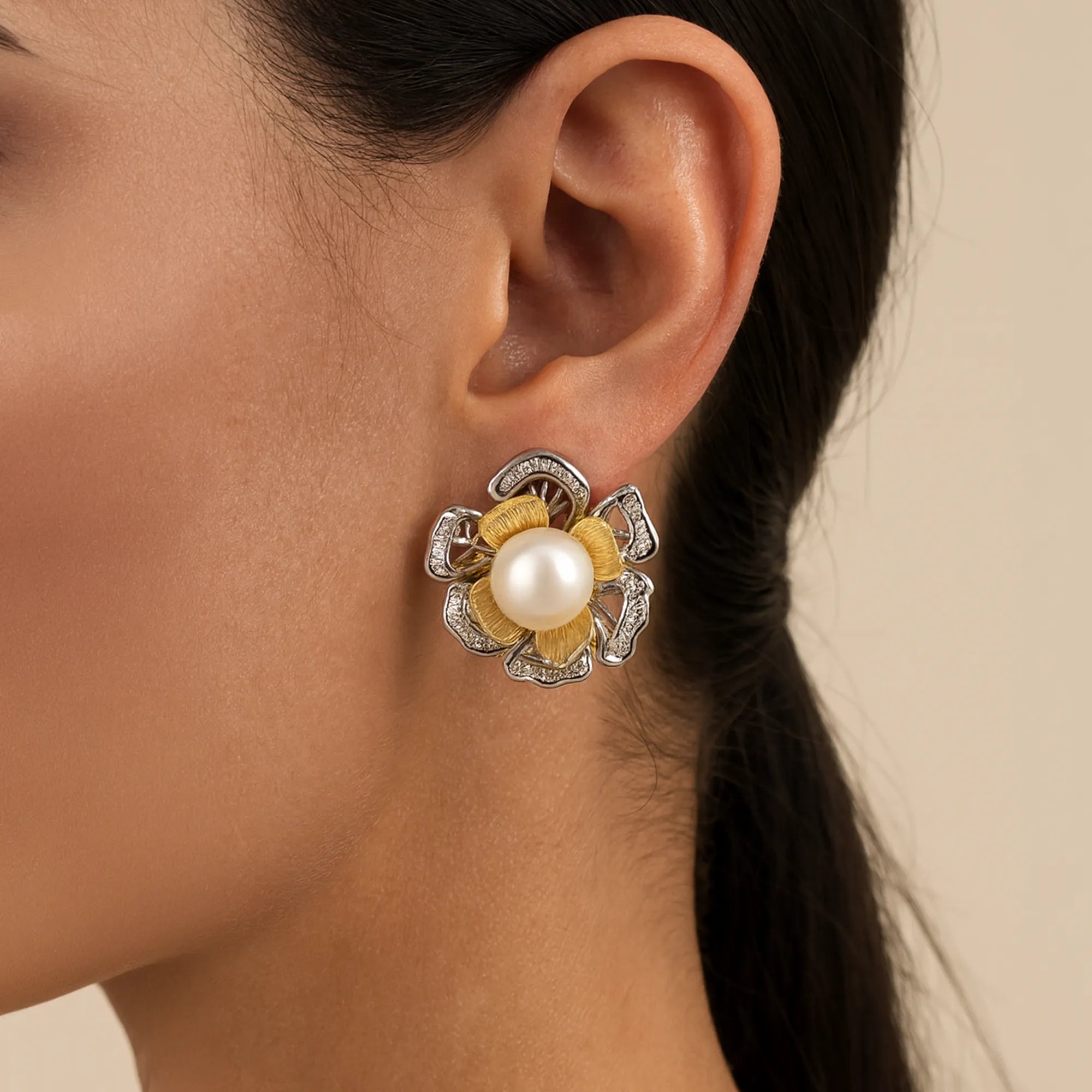 Floral-Inspired Silver Earrings with South Sea Pearls and Zircon Accents