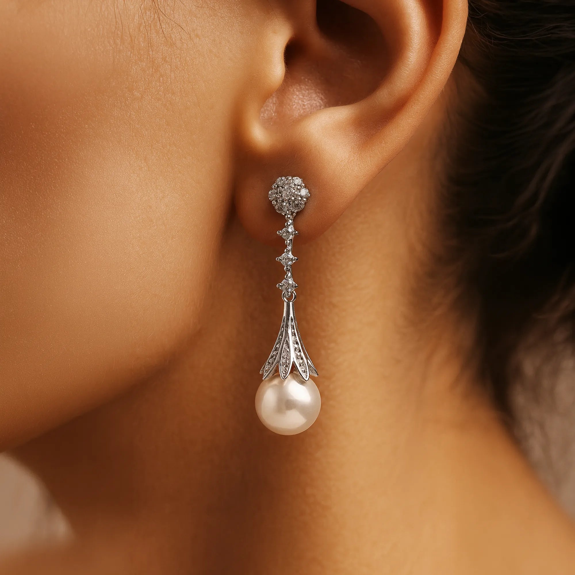 Exquisite South Sea Pearl Drop Earrings in Sterling Silver with Zircon Detailing