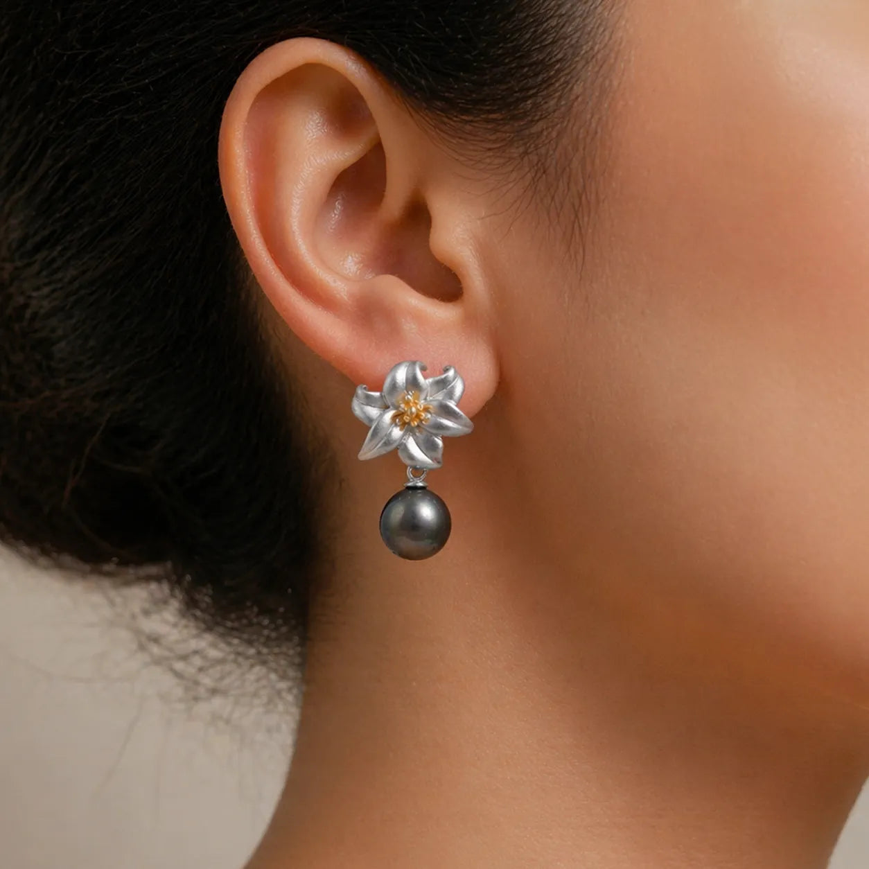 Tahitian Pearl Drop Earrings in Silver with Handcrafted Floral Motif