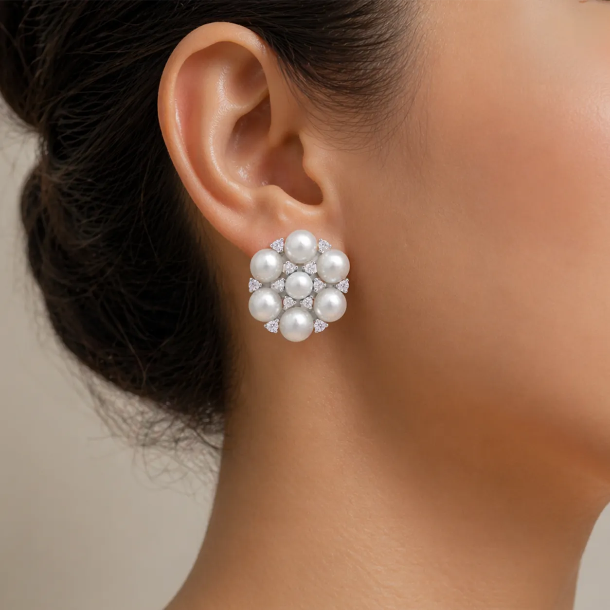 Exquisite Akoya Pearl Cluster Earrings in Sterling Silver with Zircon Accents