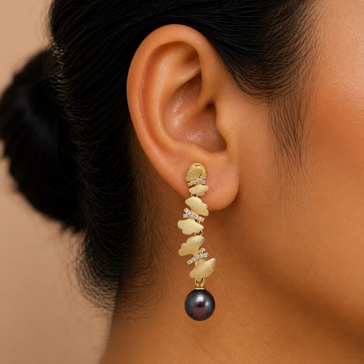Exquisite Tahitian Pearl Drop Earrings in Sterling Silver with Leaf Design