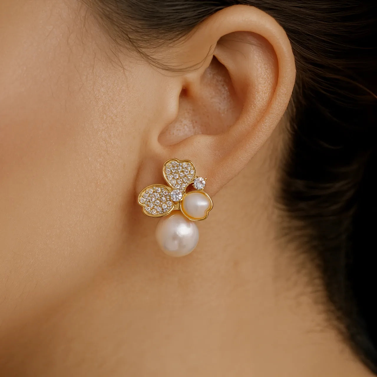 Handcrafted Sterling Silver Earrings Featuring South Sea Pearls and Zircon Floral Accents