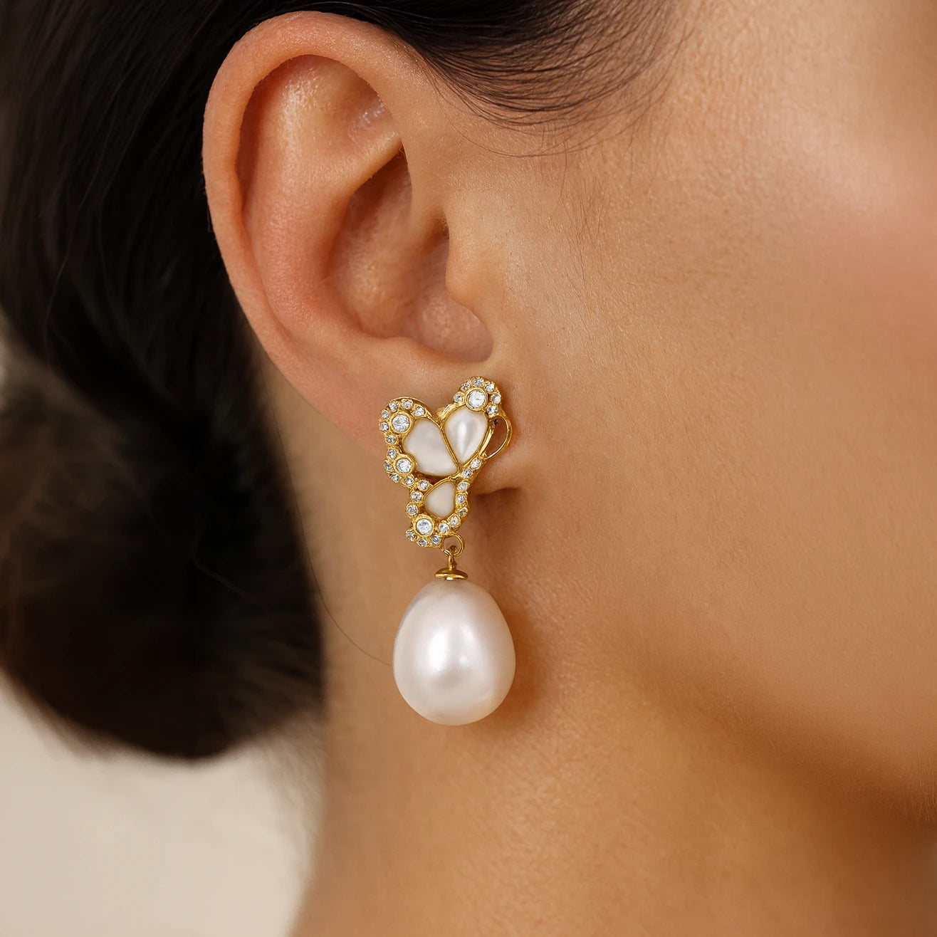 Modern South Sea Pearl Earrings in Sterling Silver with Butterfly Design