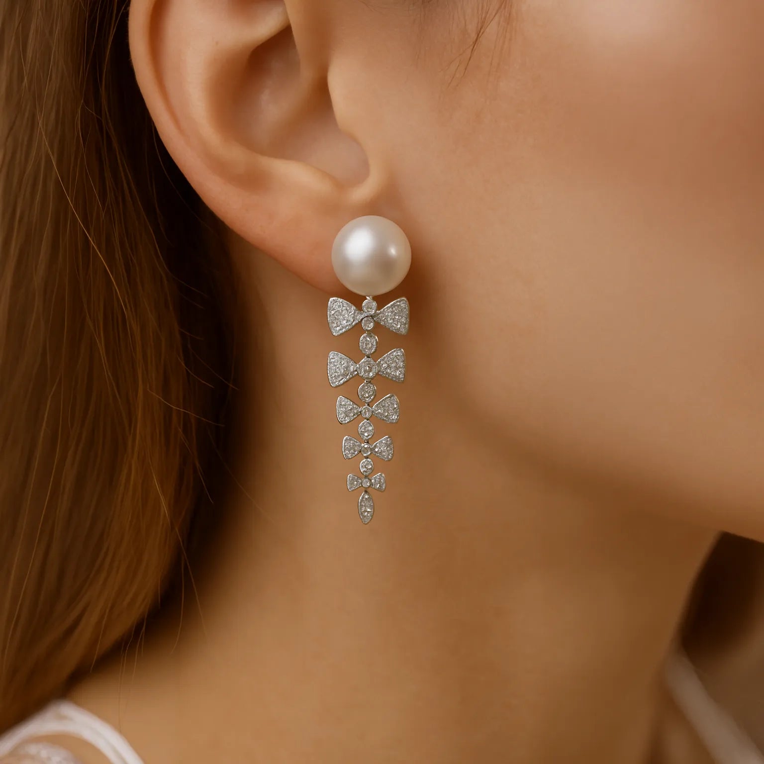 Silver Bow Cascade Earrings with South Sea Pearls and Fine Zircon Accents