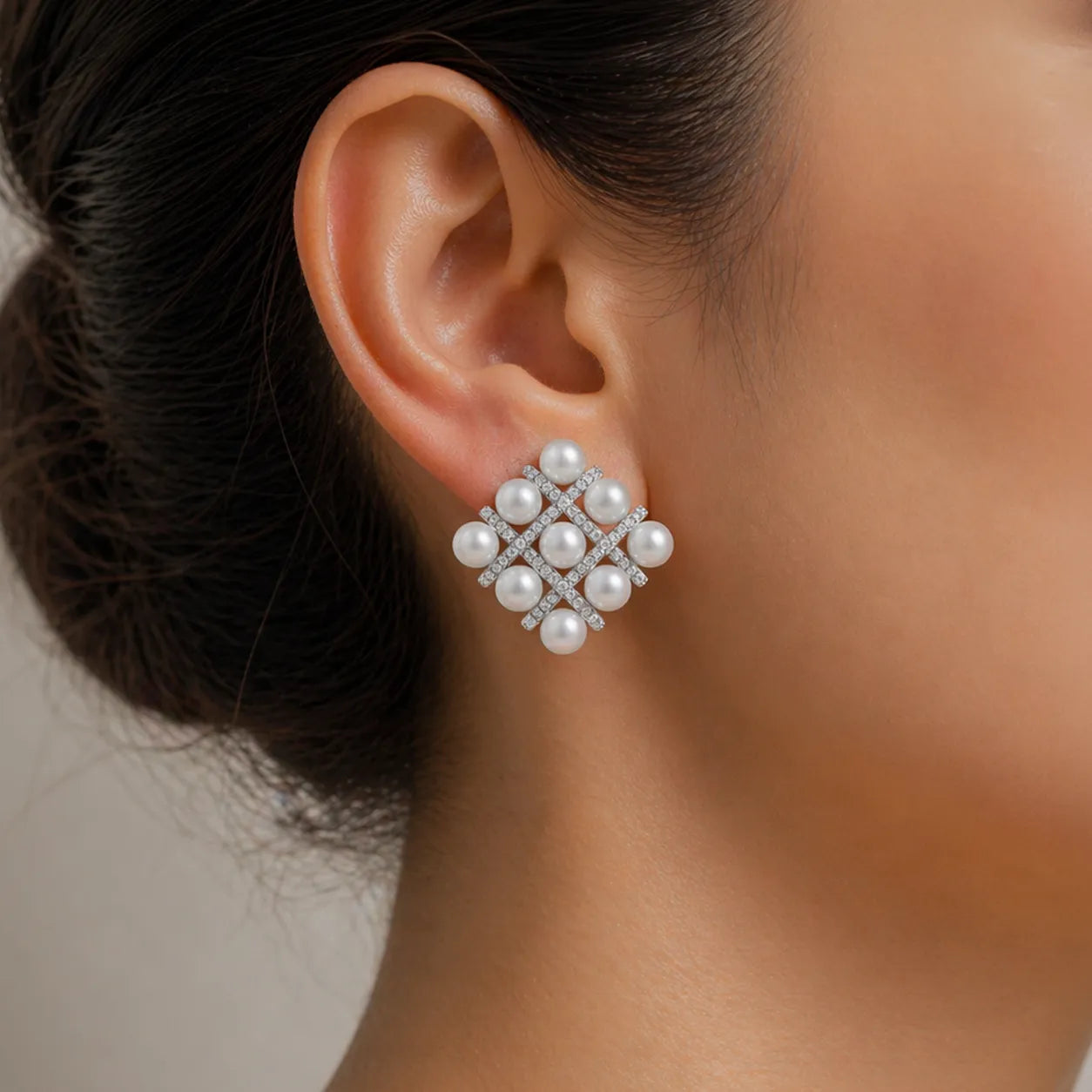 Royal South Sea Pearl Earrings in Silver with Elegant Zircon Crisscross Setting