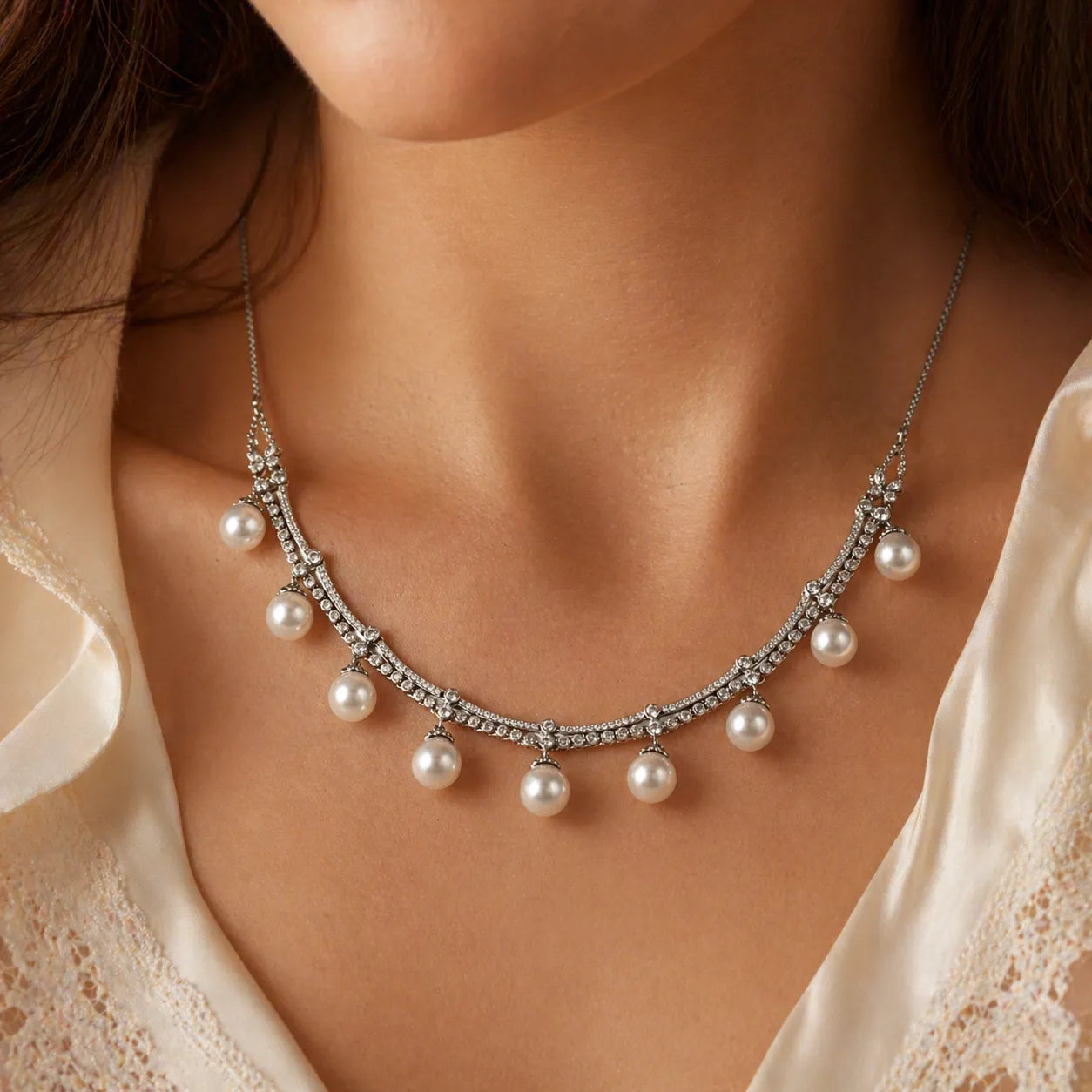 South Sea & Akoya Pearl Necklace in Silver with Zircon-Embedded Artistry