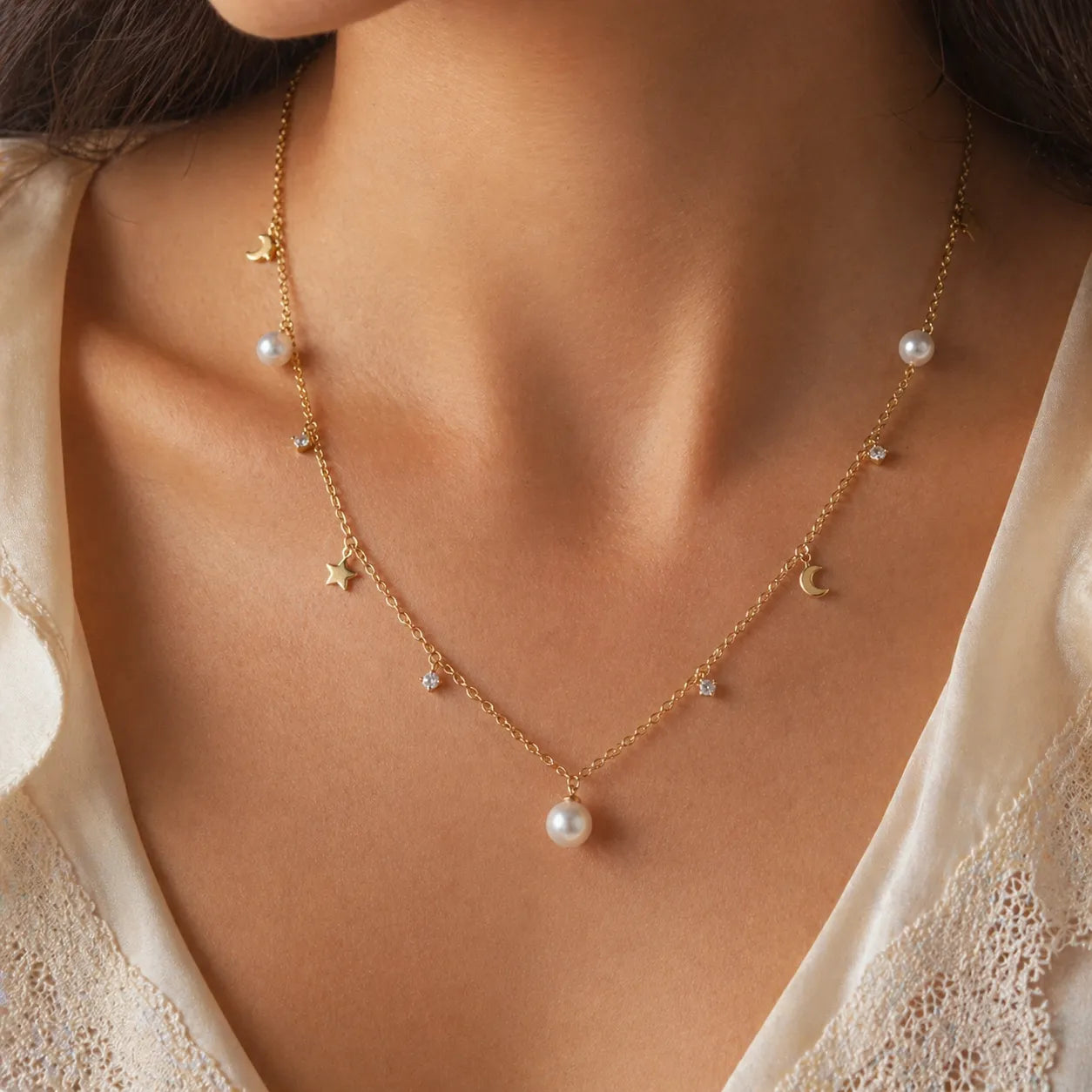 South Sea Cultured Akoya Pearl Necklace in Sterling Silver with Star & Crescent Motifs