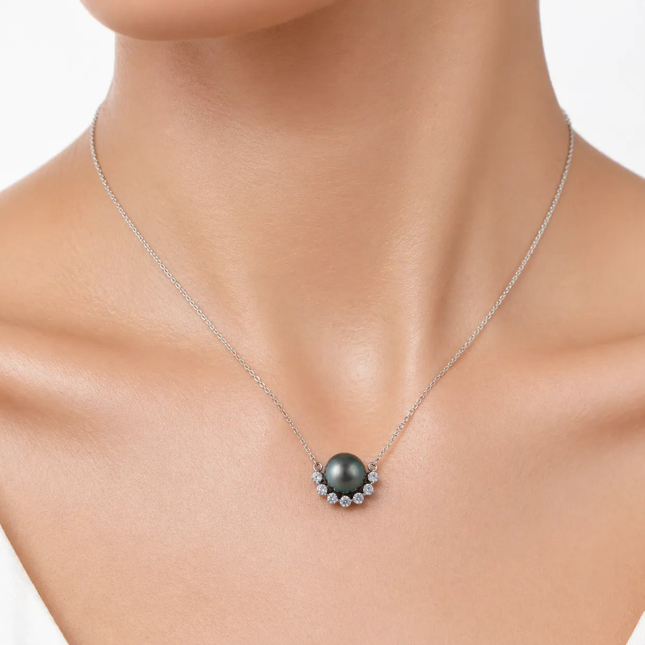 Tahitian Seawater Pearl Pendant in Silver with Brilliant Crystal Accents