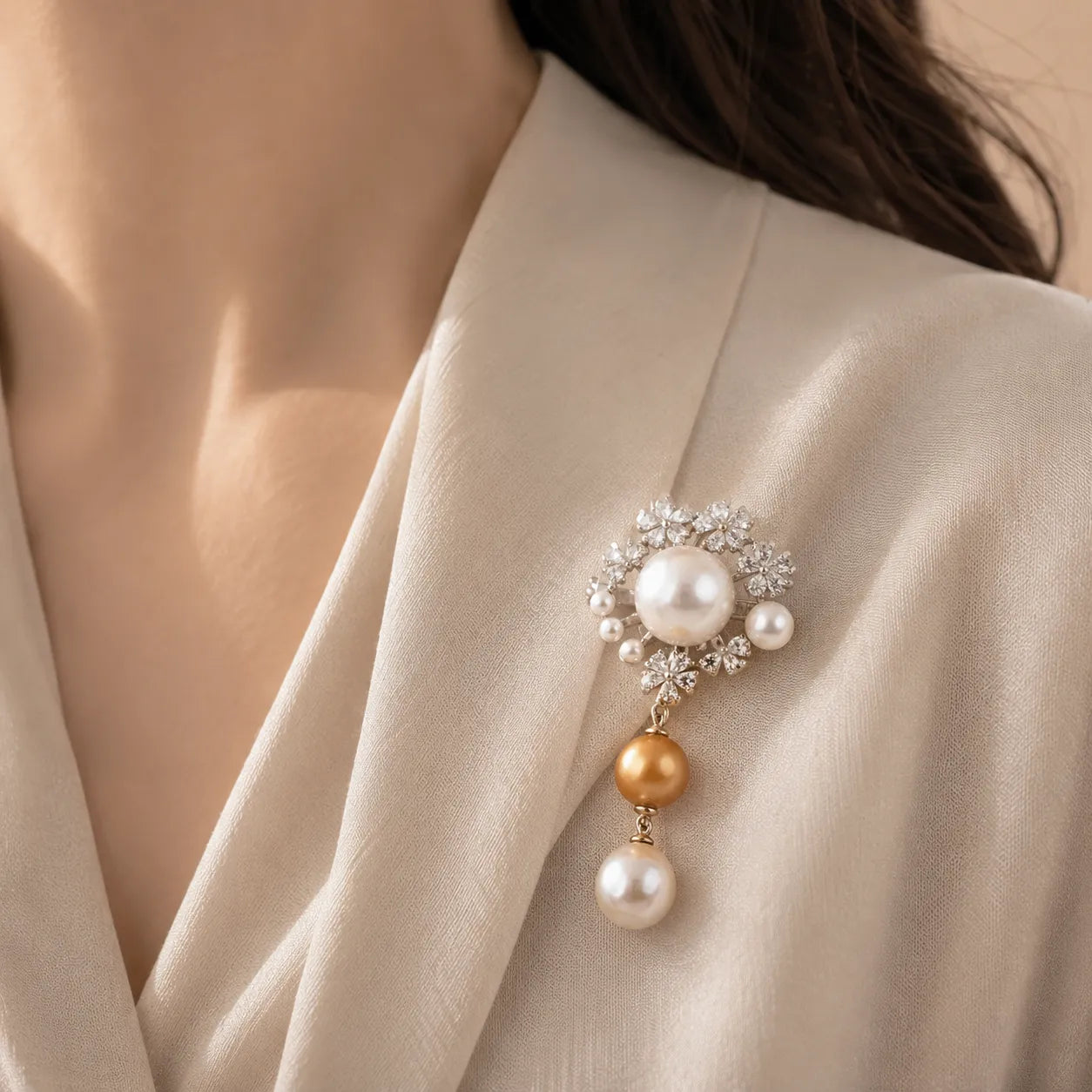Exquisite South Sea Pearl Brooch in Sterling Silver with Zircon Embellishments