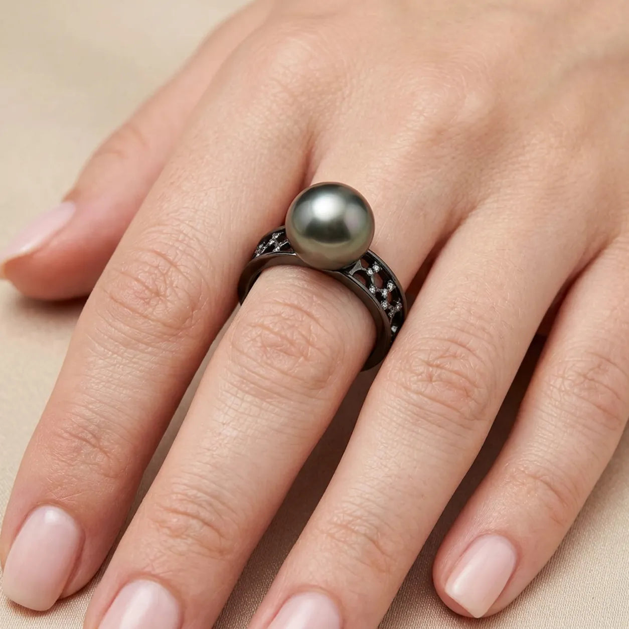 Intricate Zircon Infinity Tahitian  Pearl Ring in Sterling Silver