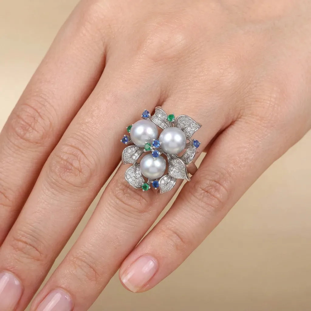 Seawater Cultured Akoya Pearl Floral Ring in Sterling Silver with Blue and Green Gem Accents