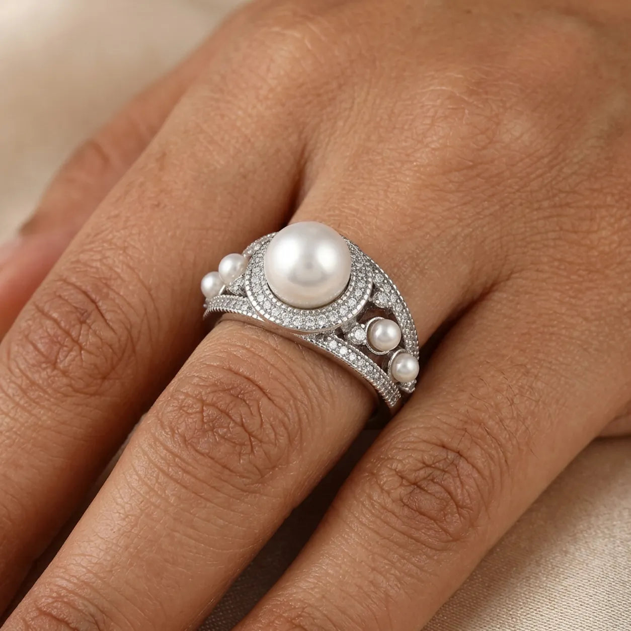 Lustrous South Sea Pearl Silver Ring in Vintage-Inspired Multi-Pearl Design