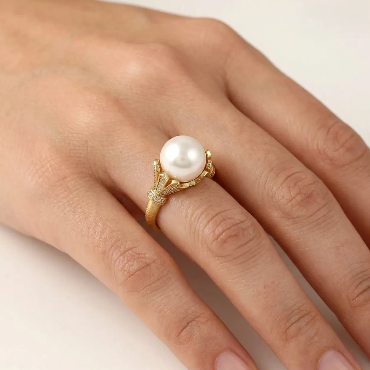 South Sea Cultured Pearl Silver Ring with Gold Finish and Zircon Detailing