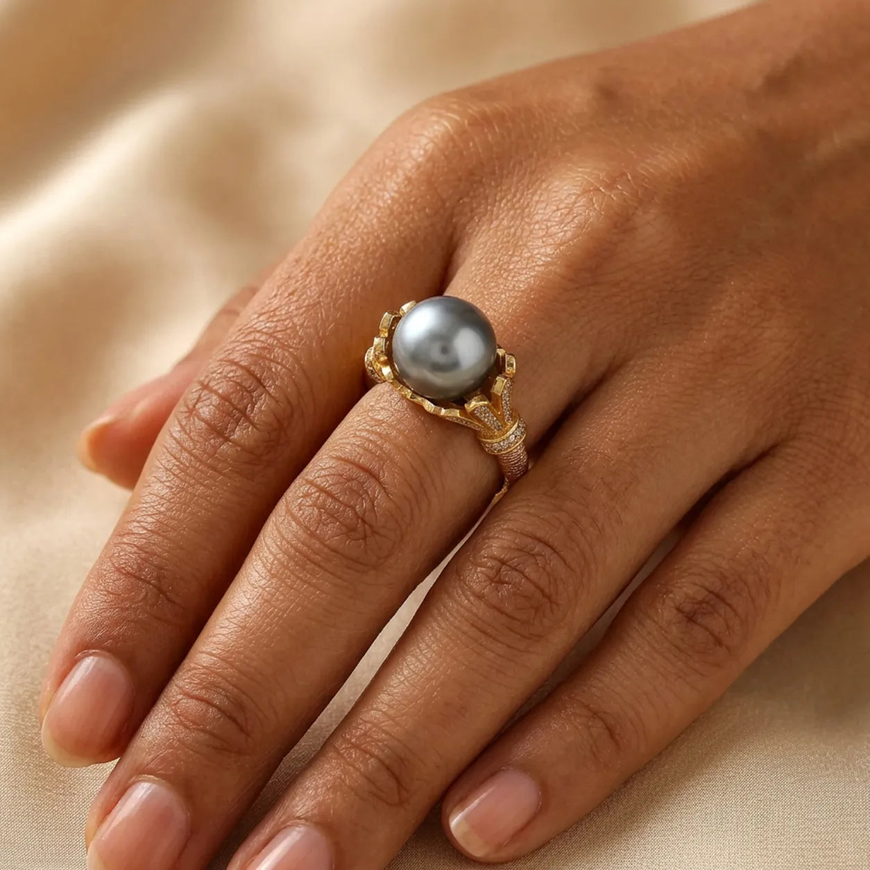 Classic South Sea Pearl Silver Ring with Gold-Tone Finish Embellishments